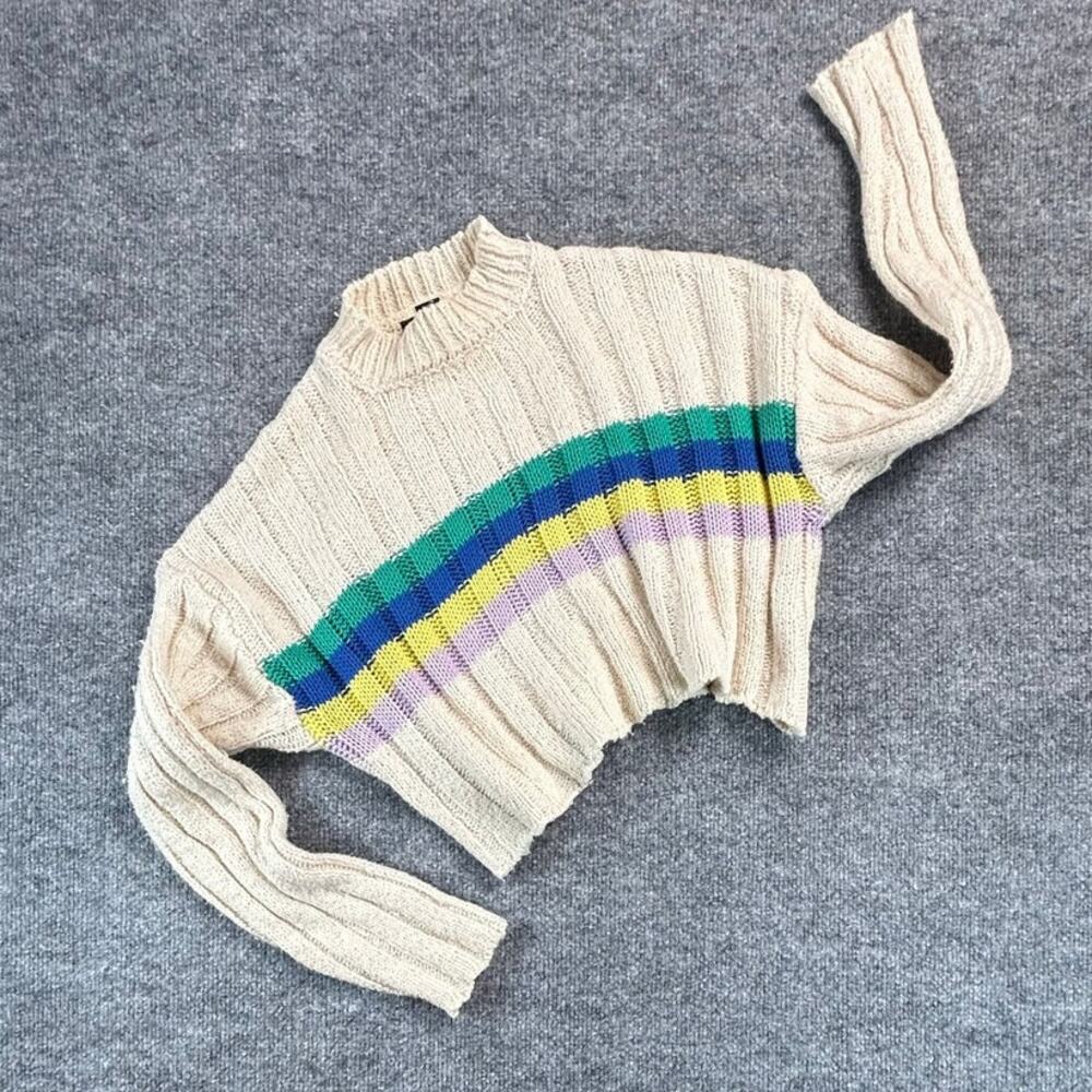 Forever 21 Rainbow Stripe Crop Sweater Women’s S Cream Ribbed Retro